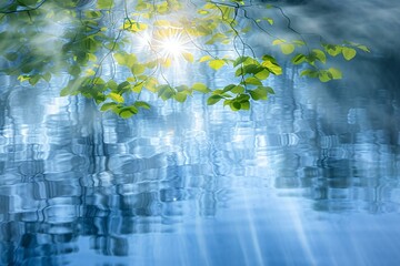 Abstract nature background with green leaves and rays of light on water surface