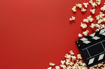Red background with a clapper board and popcorn, cinema concept.