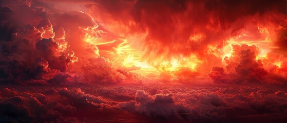 The end of the world, halloween, armageddon, apocalypse, end of the world concept. Dramatic red sky and sunset with clouds. A fantastic sunset background with copy space for design.