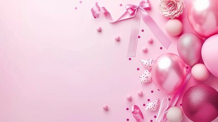Pink birthday background with balloons and bows,empty space in the center of the frame.
