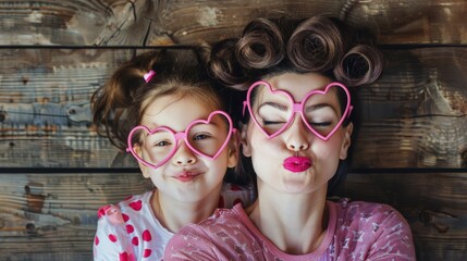 Smiling mother and daughter with pink heart-shaped glasses, Mother's Day concept. - obrazy, fototapety, plakaty