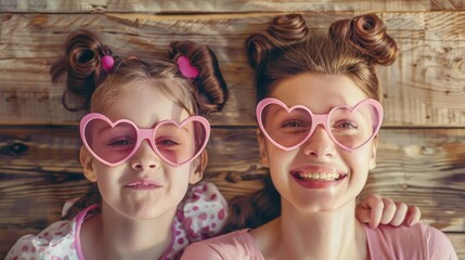 Smiling mother and daughter with pink heart-shaped glasses, Mother's Day concept.