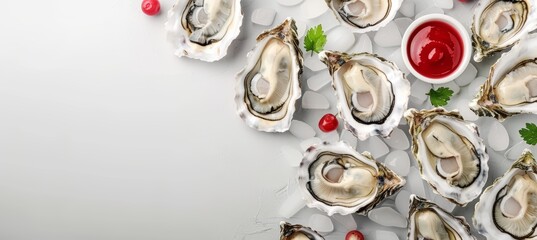Exquisitely presented oysters dish   high resolution hyperrealistic top view close up - obrazy, fototapety, plakaty