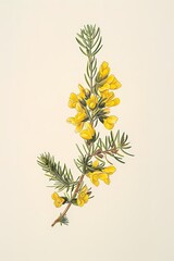 Classic colored pencil of gorse plant , botanical painting on plain background,  Artwork for wall art illustration and home decor, digital art