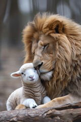 A lion nuzzles a lamb against its cheek
