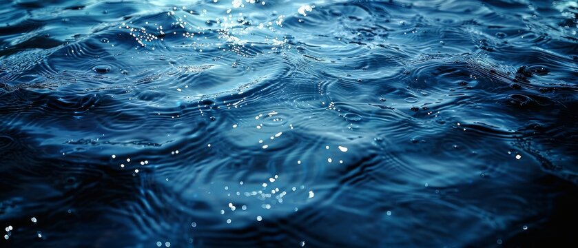 Beautiful dark water background with copy space for design. Web banner. Panoramic. Close-up of a navy blue water surface reflecting the light. Ripples and waves. At night. Beautiful dark water
