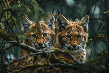 Obraz premium Two Eurasian lynx rest together on a thick branch