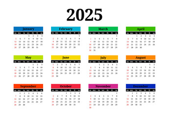 Calendar for 2025 isolated on a white background