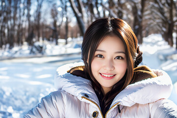 雪が降るゲレンデでスノーボードをしてデートをする日本人女性(美人モデル)