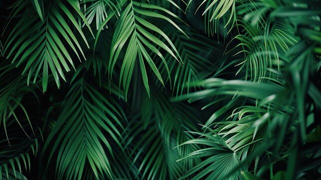 Background of green palm tree leaves in tropical forest