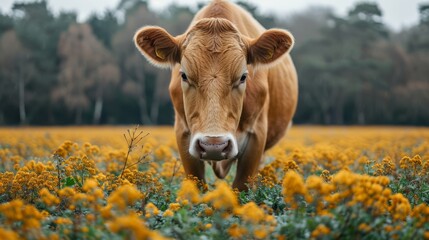 Curious Cow Amidst Golden Wildflowers - obrazy, fototapety, plakaty