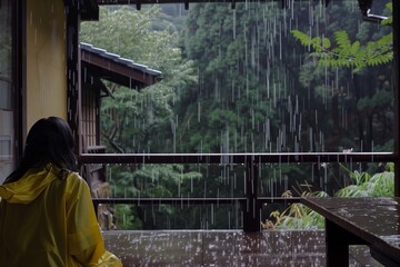 rainfall on veranda, person in raincoat watching - obrazy, fototapety, plakaty