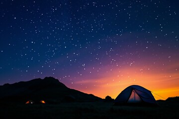 Fototapeta na wymiar Silhouette of tent at night with starry sky background