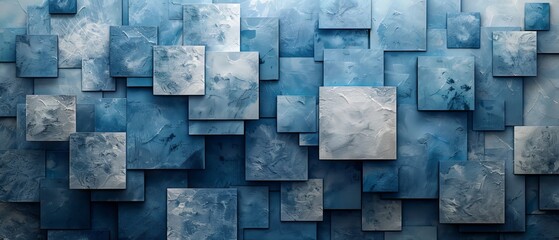 An abstract freebie with a dark blue and white pattern. Chaos. A background with geometric shapes. Squares, rectangles or blocks. Seamless. Abstract. Mosaic, collage. Web banner. Wide. Long. - obrazy, fototapety, plakaty