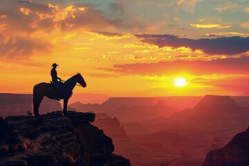 Silhouette of cowboy on horseback on top of a cliff, sunset in the background, wild west concept. - obrazy, fototapety, plakaty