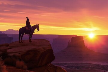 Silhouette of Indian on horseback on top of a cliff, sunset in the background, wild west concept.