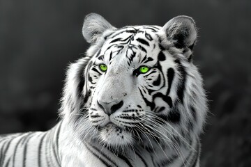 Portrait of white tiger with green eyes,  Black and white photo