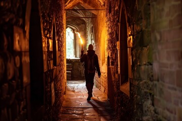 Fototapeta na wymiar adventurer walking through castle corridor with torch