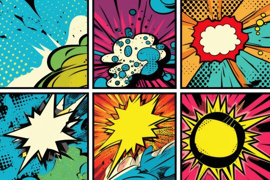 A dynamic collection of classic comic book explosion bubbles, bursting with energy and color, reminiscent of vintage pop art.