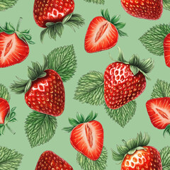 Seamless pattern design with llustrations of strawberries. Color pencil drawings. Perfect for product packaging, home textile, stationery and other goods - 763985741