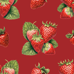 Seamless pattern design with llustrations of strawberries. Color pencil drawings. Perfect for product packaging, home textile, stationery and other goods - 763985949