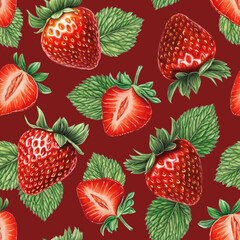 Seamless pattern design with llustrations of strawberries. Color pencil drawings. Perfect for product packaging, home textile, stationery and other goods - 763985974