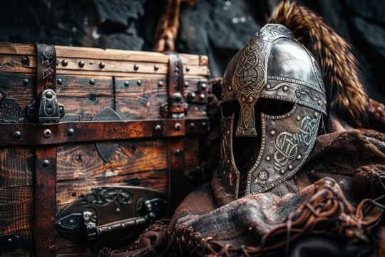 Viking helmet on wooden chest.