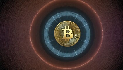 A glowing Bitcoin takes center stage within a circular, sci-fi inspired interface, evoking a sense of advanced technology in finance. AI generation