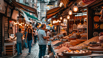 Arabic bazaar shopping marketplace in an outdoor market. Istanbul Turkey
