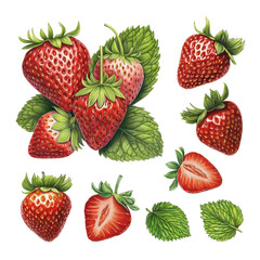 Illustrations of strawberries. Color pencil drawings. Perfect for product packaging, home textile, stationery and other goods - 763986182