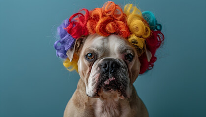 Bulldog wearing a colorful wig for April Fool's Day and party celebration - obrazy, fototapety, plakaty