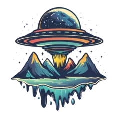 Sheer curtains Mountains ufo spaceship logo for t-shirt design flat lay 2d mountains and river and an alien ship, on transparent background illustration 
