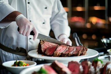 chef slicing tender roast beef at event buffet