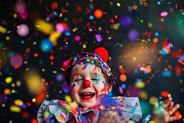 cheerful clown child surrounded by colorful confetti