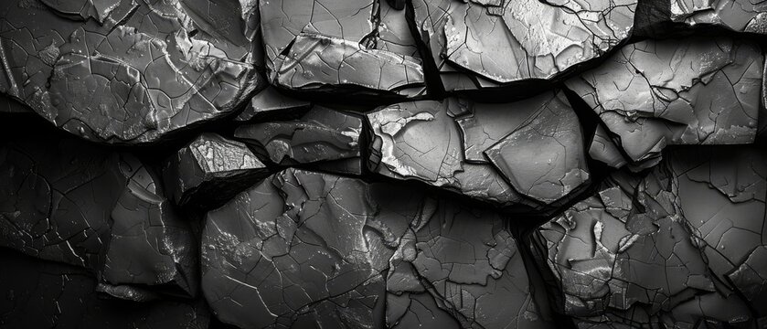 This image presents a black grunge texture. A black rock texture. A close-up. An abstract geometric black white background. A black stone backdrop with copy space for design.