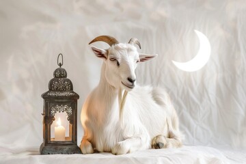 White goat next to a Moroccan lantern, feast of sacrifice concept, Eid-al-Adha.
