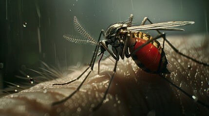 realistic, high quality shot of a mosquito sitting on an arm with a red belly - obrazy, fototapety, plakaty