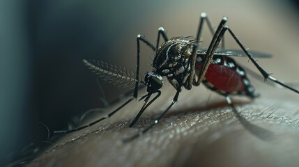realistic, high quality shot of a mosquito sitting on an arm with a red belly - obrazy, fototapety, plakaty