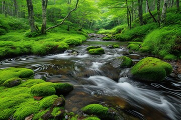 Fresh green forest and mountain stream,  Beauty in nature,  Long exposure