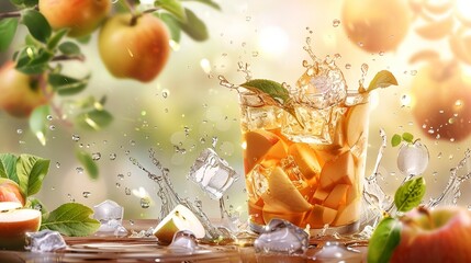 Apple fruits and a transparent plastic cup filled with apple juice, ice cubes are visible, with splashes of water, there were many ice cubes nearby, the concept of a summer vitamin drink