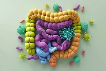 3d model of human intestine organ. Concept of healthy gut and microbiome.