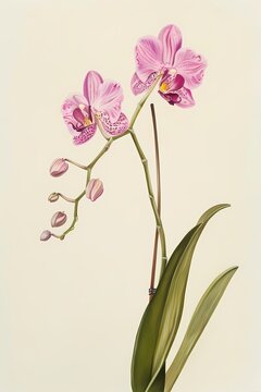 simple colored pencil of pink orchid with leaves , botanical painting on ivory background,  Artwork for wall art illustration and home decor, digital art