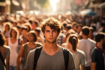 Young man stands in the middle of crowded street. Amid the bustling city, a young man stands, lost in thought.
