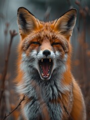 Fototapeta premium A fox is shown with its mouth wide open, showing its teeth