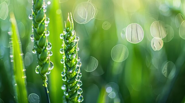 Close-up photo of a green ears of wheat with a drops of a morning dew on an agricultural field. Nature's artwork: dew drops on vibrant wheat.
