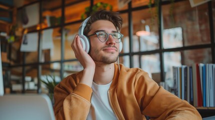 A satisfied man listens to music on headphones. the sound designer evaluates the result of his work positively. The guy is happy to work in a creative profession - obrazy, fototapety, plakaty