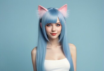 Portrait of a beautiful girl with blue hair and pink cat ears