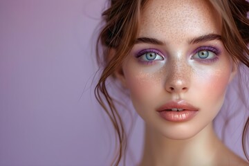 Fototapeta premium Makeup Look in Soft Purple Tones for Professional Photo with Copy Space. Concept Makeup Look, Soft Purple Tones, Professional Photo, Copy Space