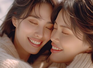 Two women are hugging each other and smiling