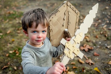 child with toy sword and shield made from cardboard